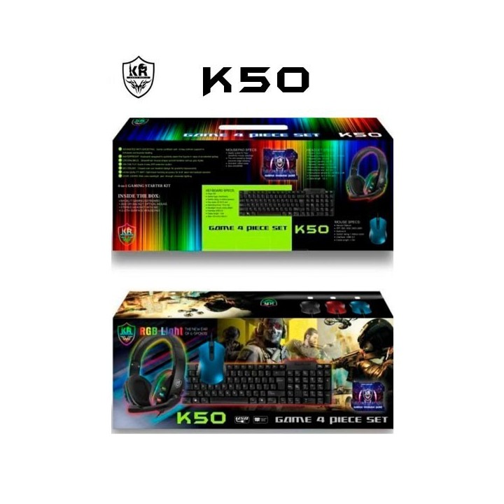 Combo Gamer Kit 4 Piezas Teclado + Mouse + Audífonos + Pad Mouse K50